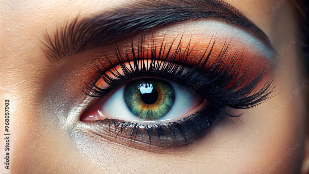 Extreme long false eyelashes enhance captivating beauty of this eye, showcasing vibrant colors and intricate makeup details that evoke sense of allure and elegance Extreme long false eyelashes enhance captivating beauty of this eye, showcasing vibrant colors and intricate makeup details that evoke sense of allure and elegance