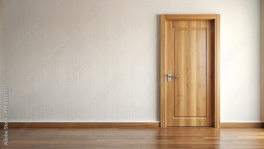 A closed wooden door stands in an empty room, showcasing simple yet elegant design. warm tones of wood complement serene atmosphere of space A closed wooden door stands in an empty room, showcasing simple yet elegant design. warm tones of wood complement serene atmosphere of space