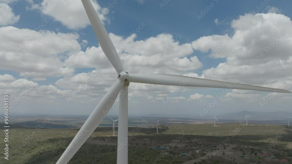 Aerial view of scenic landscape with wind turbines and green hills under a sunny sky, Kajiado, Kenya. Aerial view of scenic landscape with wind turbines and green hills under a sunny sky, Kajiado, Kenya.