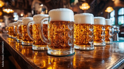 A row of full beer steins on a bar counter