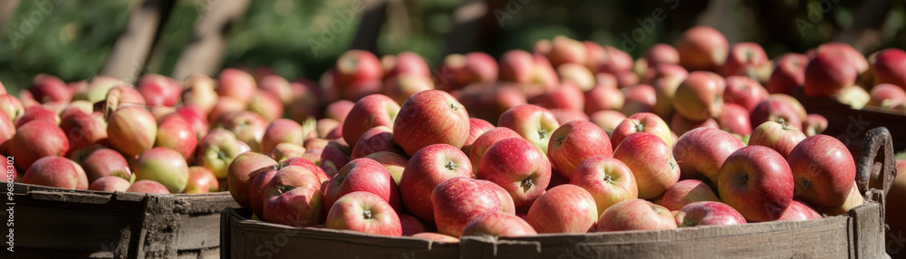 Freshly Harvested Red Apples in Wicker Baskets at Orchard Freshly Harvested Red Apples in Wicker Baskets at Orchard