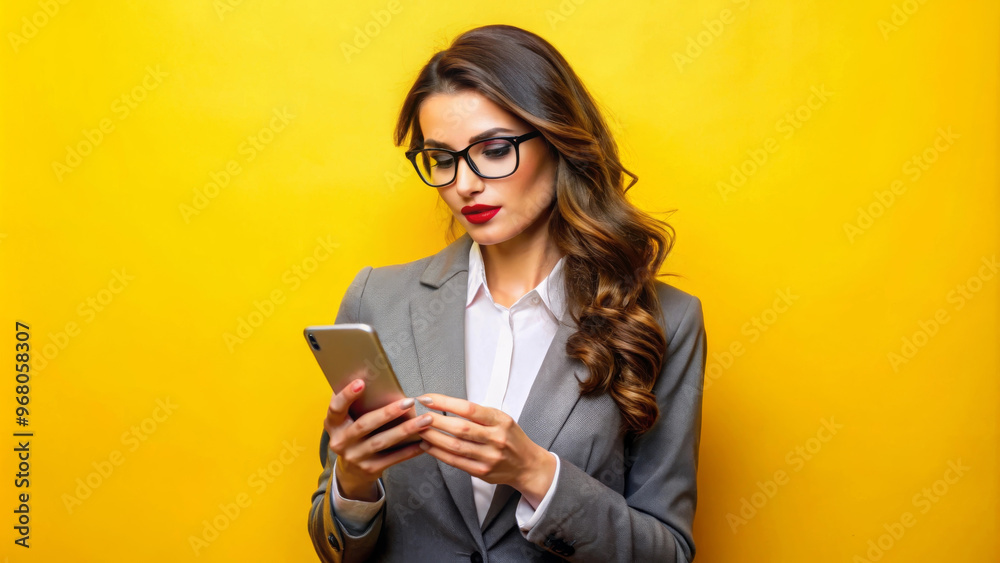 A professional woman in gray suit is focused on her smartphone against vibrant yellow background, exuding confidence and style A professional woman in gray suit is focused on her smartphone against vibrant yellow background, exuding confidence and style