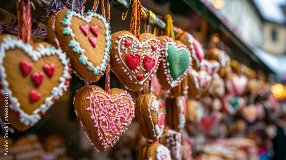 Decorated Heart-Shaped Gingerbread Cookies Hanging in a Market Stall Decorated Heart-Shaped Gingerbread Cookies Hanging in a Market Stall