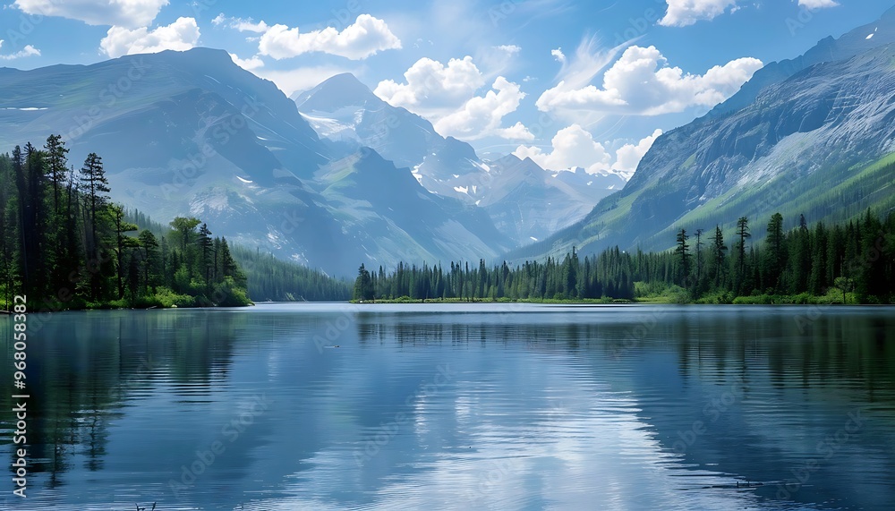 A lake with mountains and grass