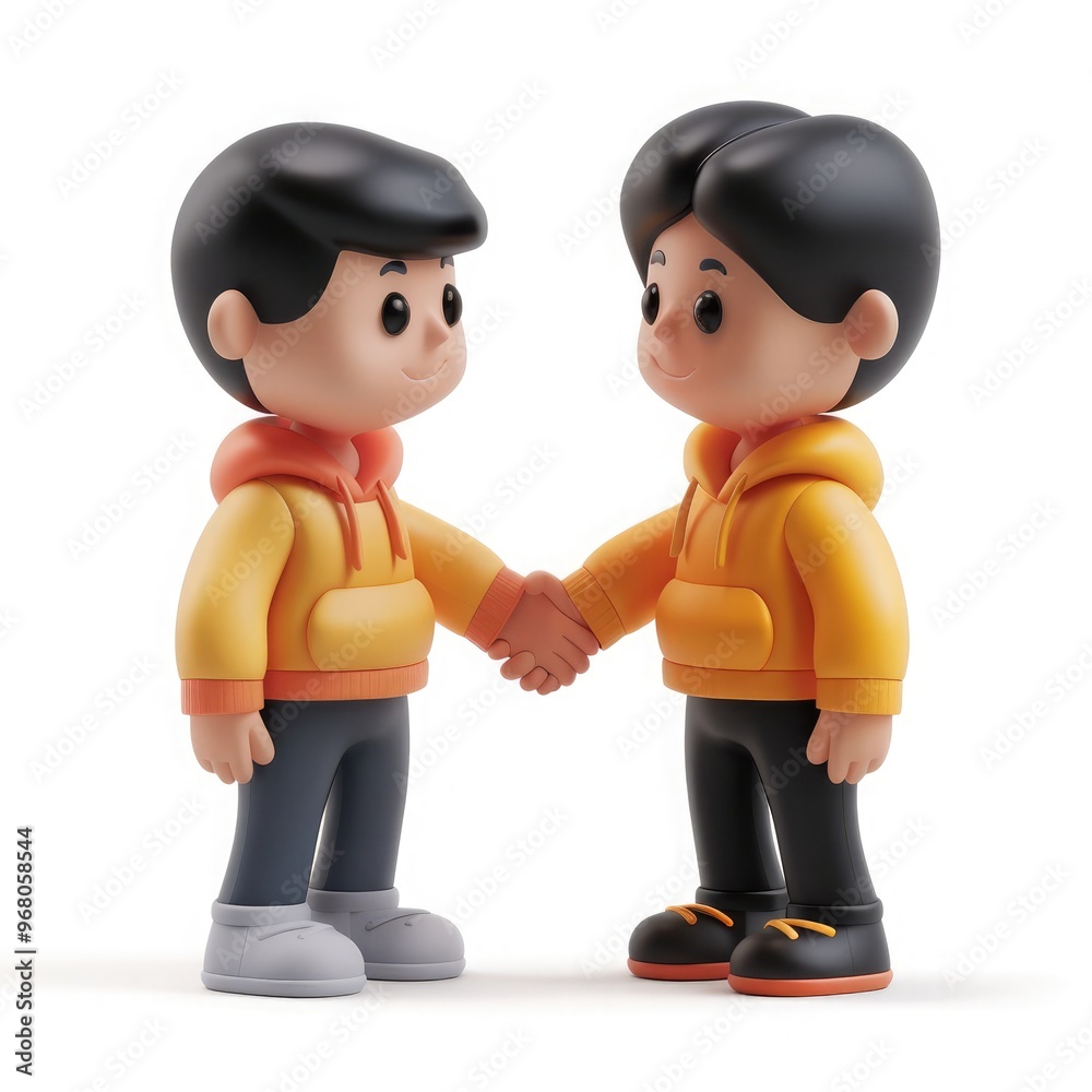 Naklejka premium 3D cartoon of two people shaking hands, set against a white background
