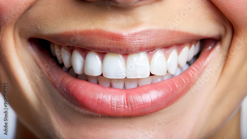 A bright smile showcases white teeth, radiating joy and confidence. close up highlights beauty of healthy teeth and cheerful expression, inviting positivity