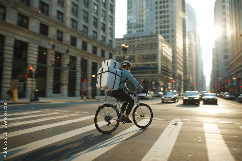 Delivery Cyclist Navigating City Streets. Busy Urban Environment, Food Delivery Service Delivery Cyclist Navigating City Streets. Busy Urban Environment, Food Delivery Service