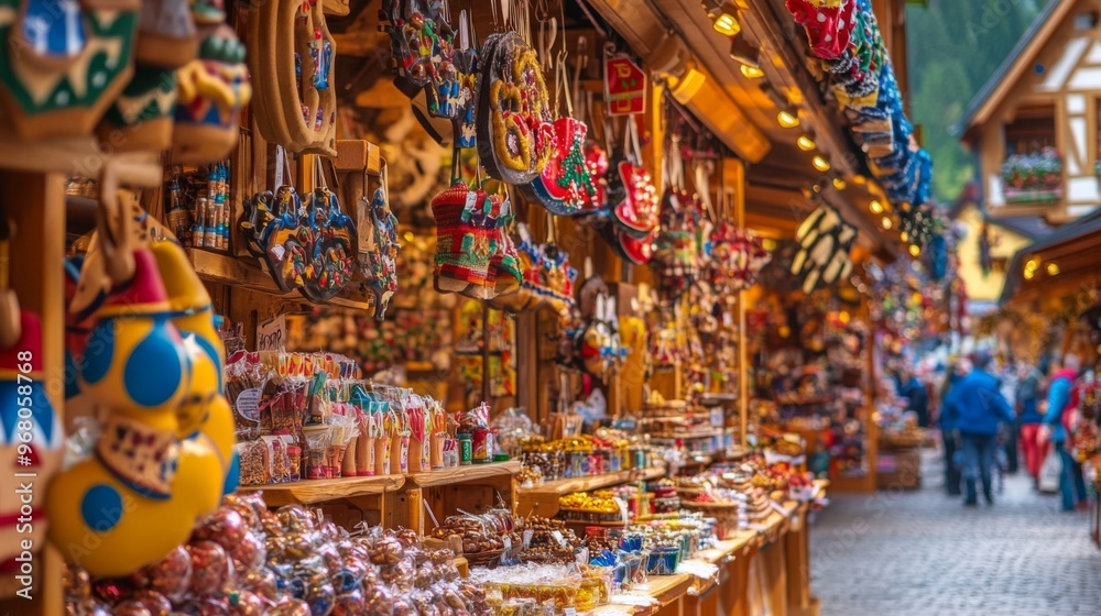 Fototapeta premium Colorful Wooden Ornaments and Goods at a Festive Market Stall