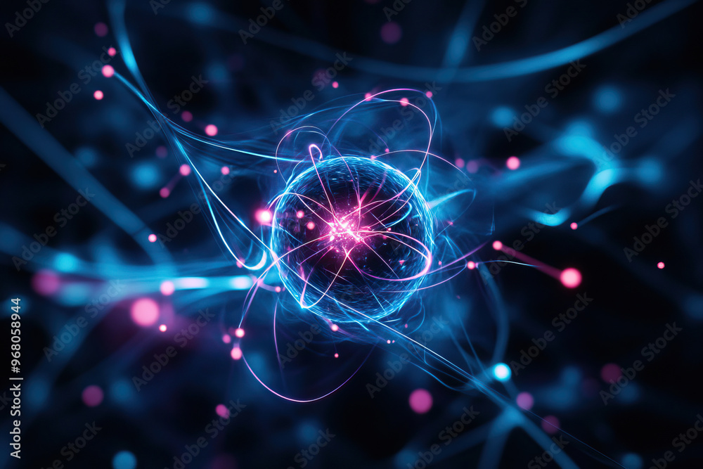 Abstract representation of an atom with vibrant pink and blue colors, showcasing energy and connectivity in modern science. Abstract representation of an atom with vibrant pink and blue colors, showcasing energy and connectivity in modern science.