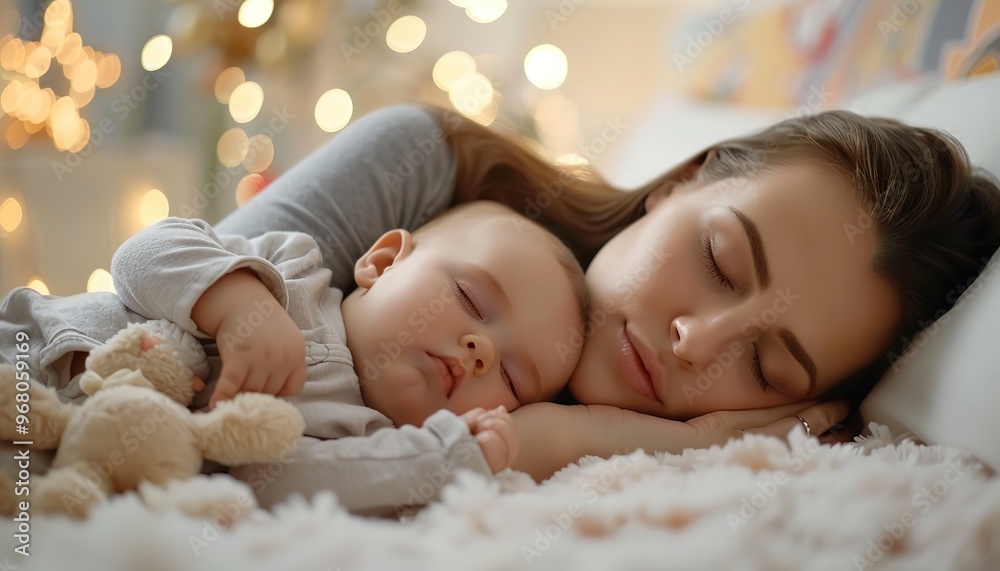 Mother and baby take a sleep, Mother holds sleeping baby daughter at bed Mother and baby take a sleep, Mother holds sleeping baby daughter at bed