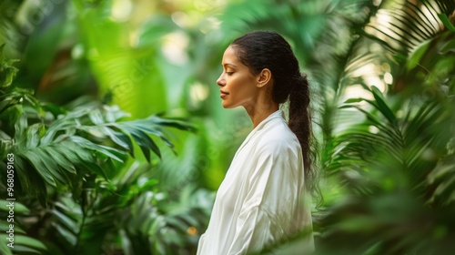 A serene moment in a lush green garden at dawn with a woman in a white robe reflecting peacefully