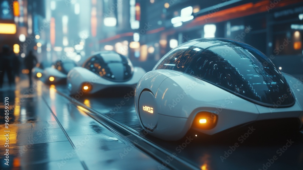 Fototapeta premium Futuristic Autonomous Vehicles Driving Through A Neon Lit City
