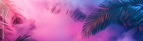 Palm Leaves Silhouetted Against a Purple and Pink Gradient with Smoke