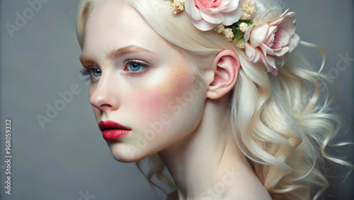 A close up portrait of beautiful albino female with striking features, adorned with flowers in her hair, exuding serene and ethereal beauty