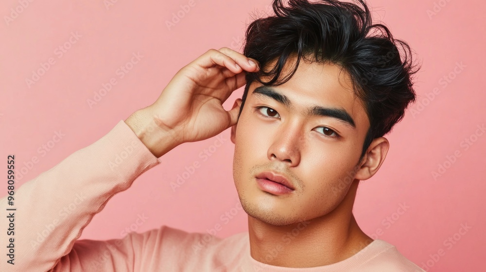 Close-up Portrait of a Young Man with Black Hair and a Pink Shirt Close-up Portrait of a Young Man with Black Hair and a Pink Shirt