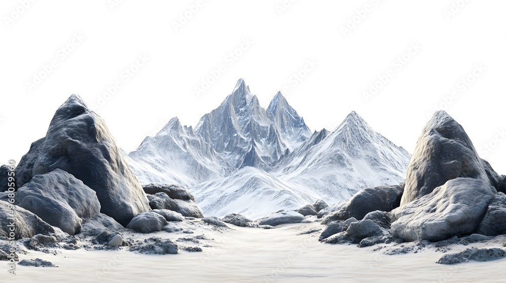 Obraz premium Snowy mountains surrounded by rocks, with some snow on the peaks and rocks covered in a white powder