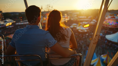 Couple on a Ferris Wheel at Sunset Overlooking a Carnival photo