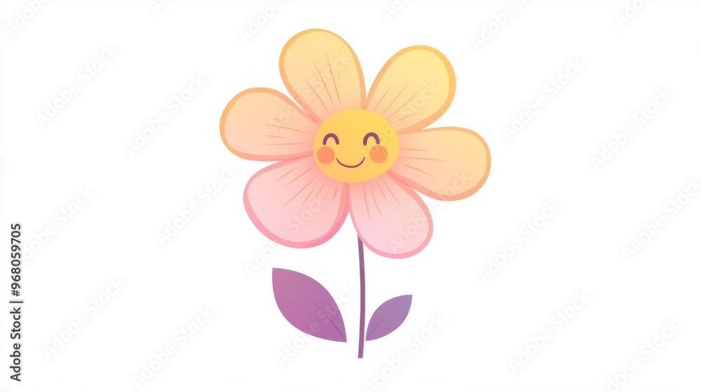 Naklejka premium Cute and cheerful smiling flower illustration with pastel colors, ideal for kids' content, digital art, and seasonal greetings.