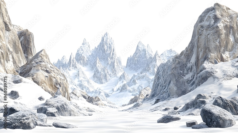 Obraz premium Snowy mountains surrounded by rocks, with some snow on the peaks and rocks covered in a white powder