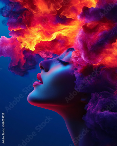 A stunning profile of a woman with vibrant, colorful smoke swirling around her head, creating a surreal and artistic portrait.