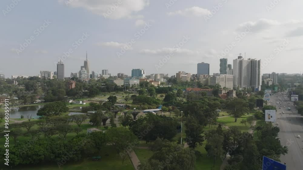 Aerial view of vibrant cityscape with modern buildings and lush urban park, Nairobi, Kenya. Aerial view of vibrant cityscape with modern buildings and lush urban park, Nairobi, Kenya.
