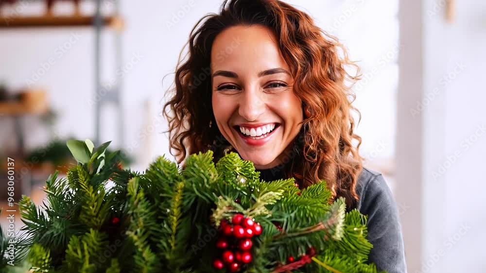 Attractive woman florist creating natural Christmas wreath in flower shop