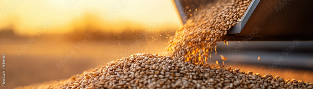 Obraz premium Grain Pouring from Combine Harvester into Hopper at Sunset