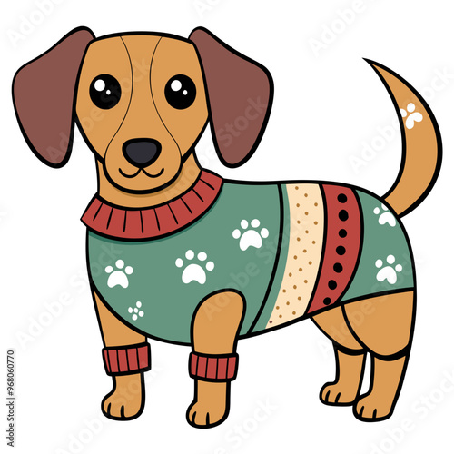 Adorable dog in a festive sweater, perfect for winter, featuring playful designs with paw prints and cheerful colors