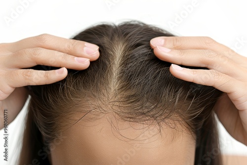 Close-up Of A Womans Scalp, Showing Signs Of Hair Loss And Thinning, Isolated On White Background.