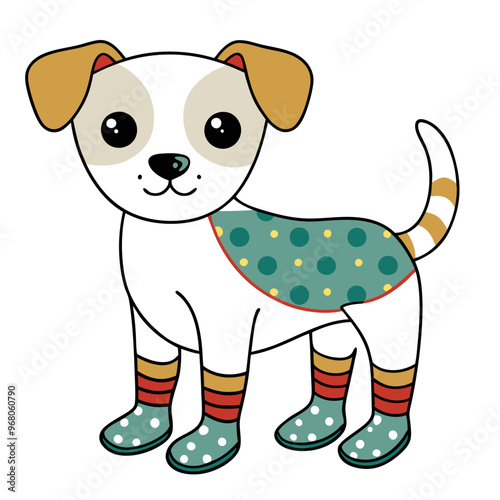 Adorable dog wearing colorful socks, perfect for winter, featuring playful patterns and a cheerful look
