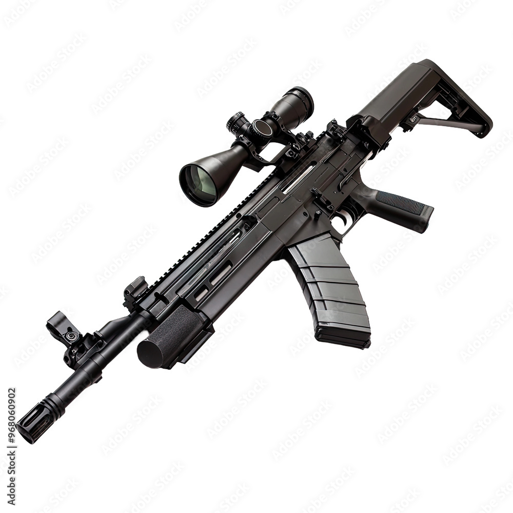 A black semi-automatic rifle with a scope attached. It's sitting on a dark surface. A black semi-automatic rifle with a scope attached. It's sitting on a dark surface.