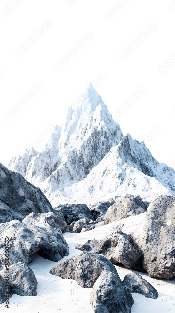 Obraz premium Snowy mountains surrounded by rocks, with some snow on the peaks and rocks covered in a white powder