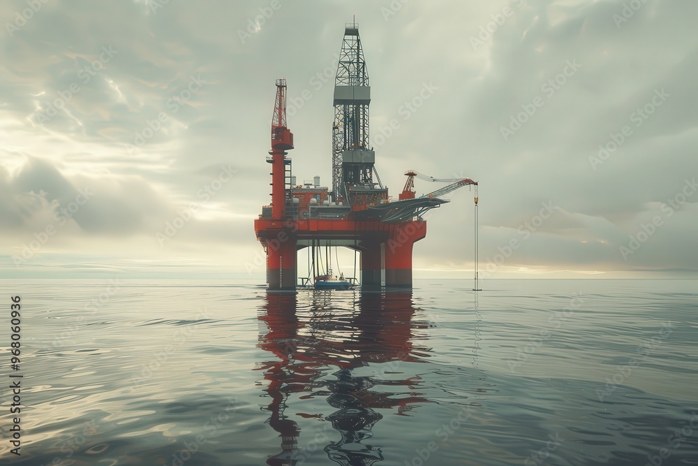 A red oil rig is floating in the ocean, generative ai image A red oil rig is floating in the ocean, generative ai image