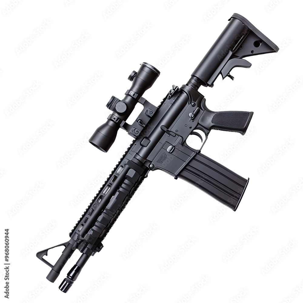 A close-up of a black semi-automatic rifle with a scope attached. A close-up of a black semi-automatic rifle with a scope attached.