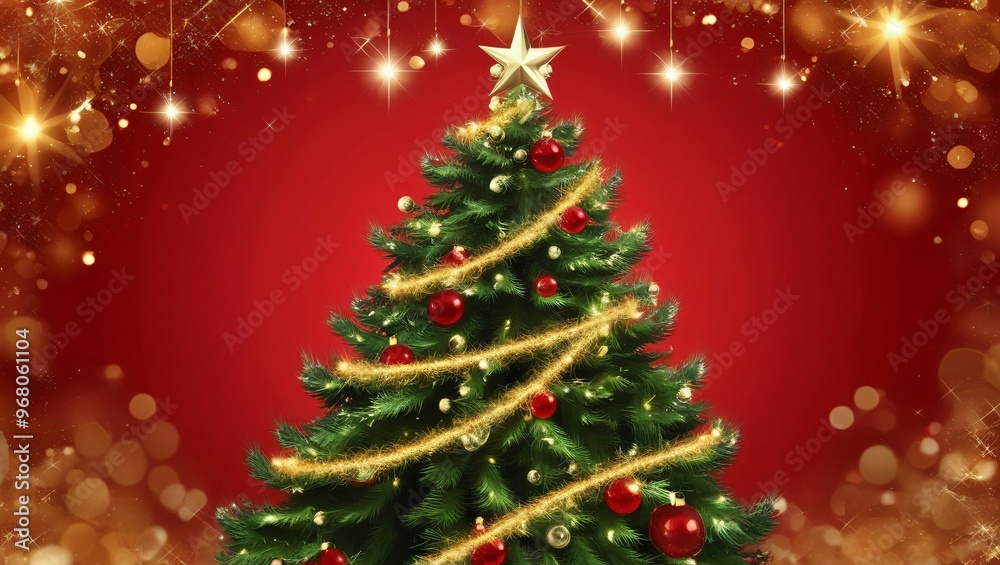 Christmas Tree with Sparkle Bokeh Lights on Red Canvas, Merry Christmas Card, Ai Generated Images Christmas Tree with Sparkle Bokeh Lights on Red Canvas, Merry Christmas Card, Ai Generated Images