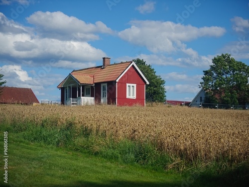 Small vintage red wooden private house near a field. Typical house in Scandinavian countries.