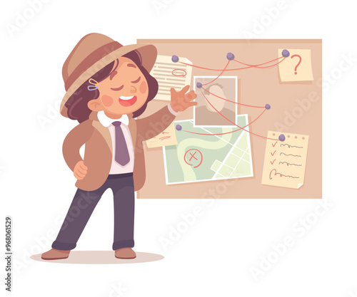 Inspecting Detective Girl Character at Suspect Board Investigating Case Vector Illustration