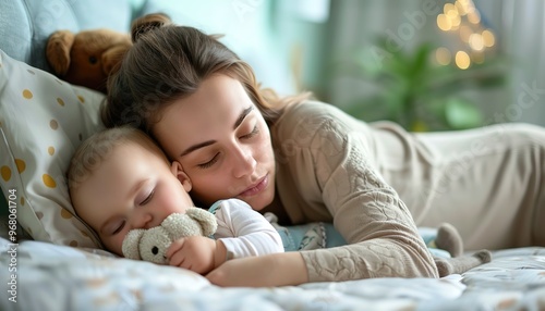 Mother and baby take a sleep, Mother holds sleeping baby daughter at bed