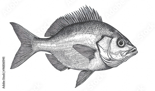 Fish sketch dorado gilt-head bream. Vintage retro print, black white gilt-head bream fish sketch ink pencil style drawing, linear drawing, engrave old school. Sketch artwork dorado fish. Illustration photo