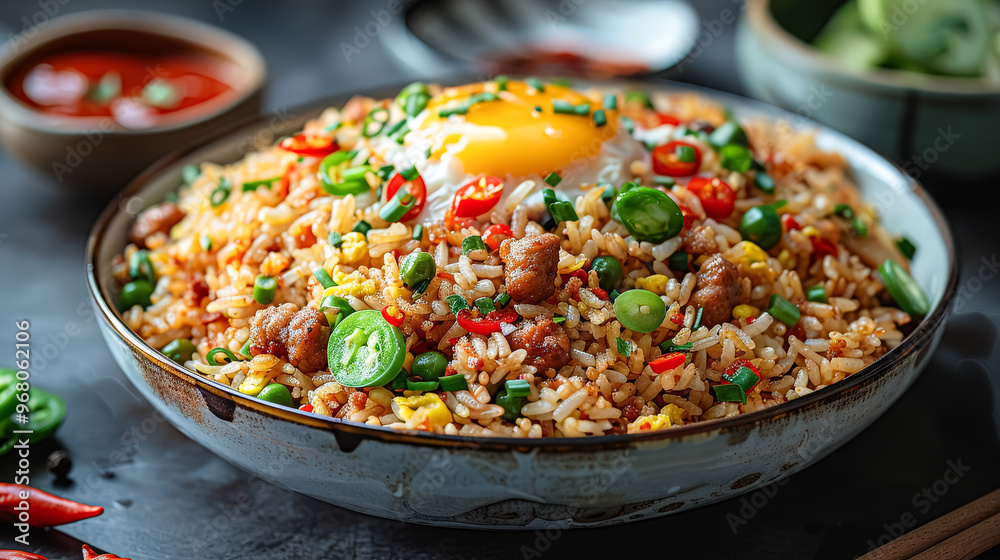A bowl of rice with an egg on top. A bowl of rice with an egg on top.