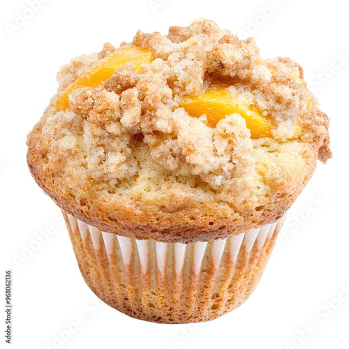 A close-up of a delicious peach muffin topped with a crunchy crumble. photo