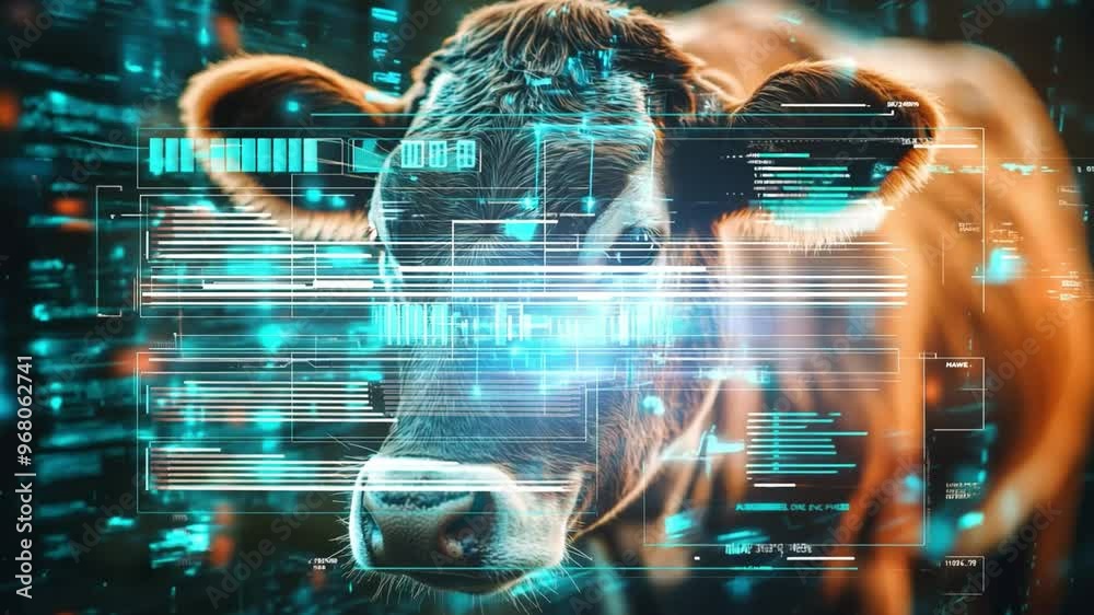 An advanced depiction of a cow integrated with digital data elements, showcasing a blend of agriculture and technology for modern farming An advanced depiction of a cow integrated with digital data elements, showcasing a blend of agriculture and technology for modern farming