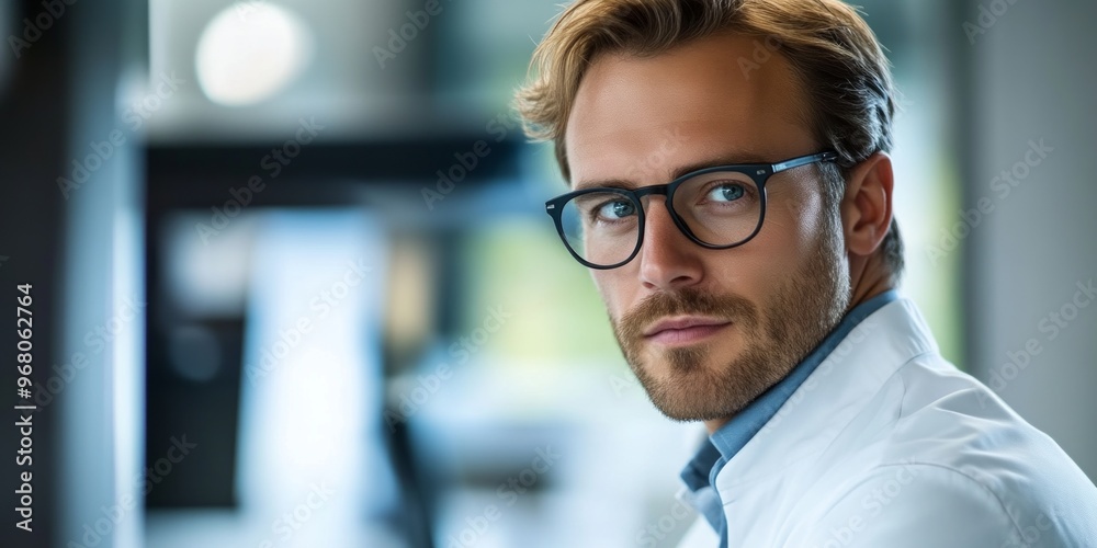 A focused professional in a lab coat gazes confidently at the camera. The image captures a blend of intelligence and determination in a modern scientific environment. AI. A focused professional in a lab coat gazes confidently at the camera. The image captures a blend of intelligence and determination in a modern scientific environment. AI.