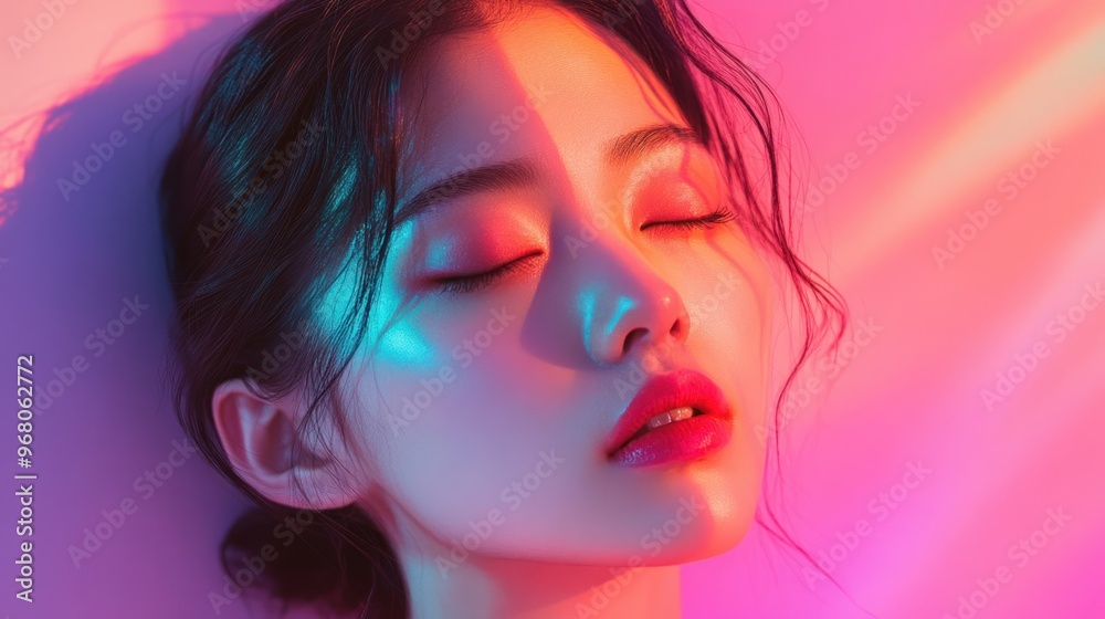 Close-up of a Woman's Face with Neon Lighting and Closed Eyes Close-up of a Woman's Face with Neon Lighting and Closed Eyes