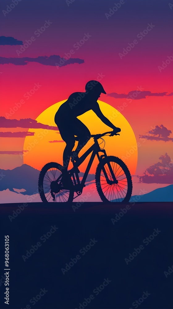 Fototapeta premium A silhouette of a cyclist against a vibrant sunset, creating a dramatic effect with space for text