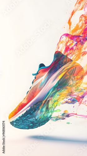 A dynamic composition of running shoes in motion, leaving a trail of color on a light background