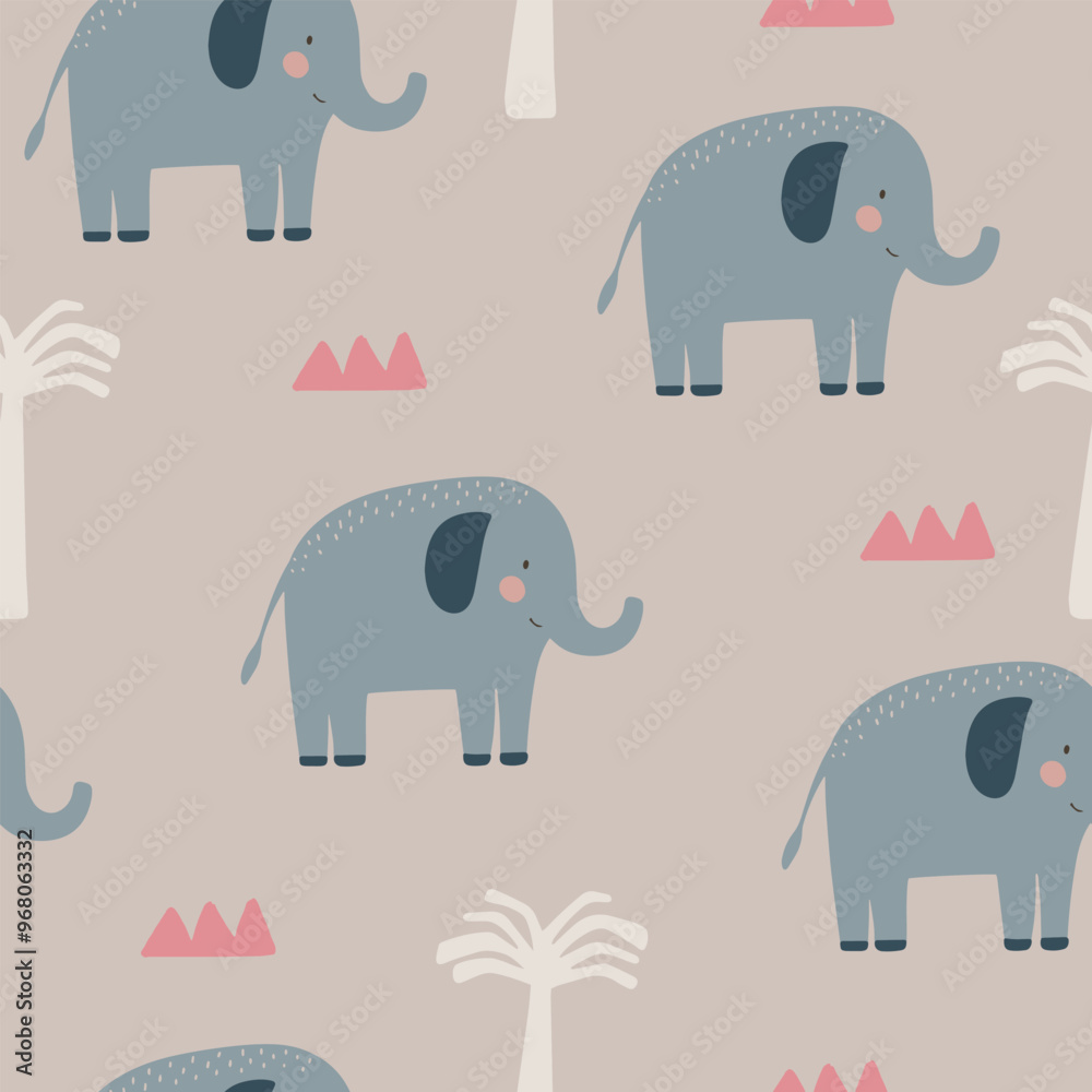 Cute elephant seamless pattern hand drawn cute kids background tender retro pallete Cute elephant seamless pattern hand drawn cute kids background tender retro pallete