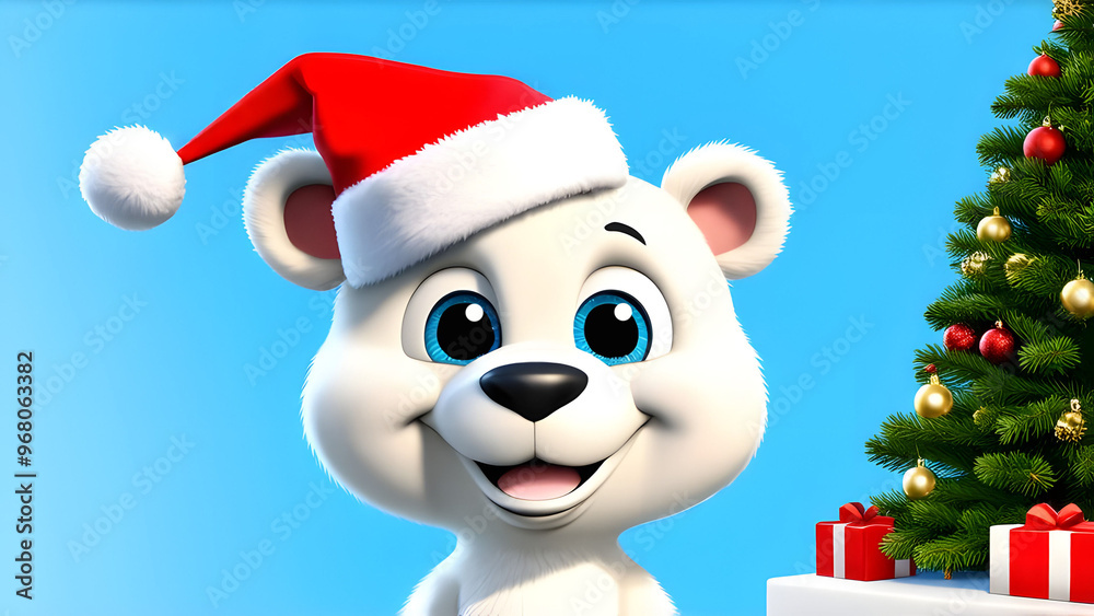 Cheerful polar bear cub in Santa hat on blue background. Cheerful polar bear cub in Santa hat on blue background.