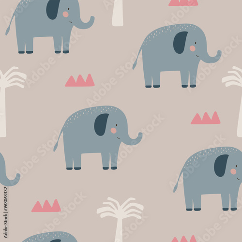 Cute elephant seamless pattern hand drawn cute kids background tender retro pallete