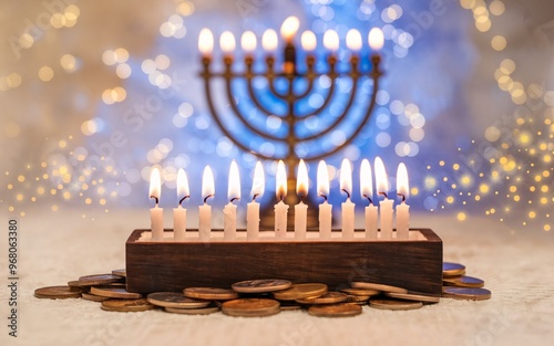 Blue and White Hanukkah Banner with Dreidels and Candles photo